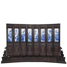 A LARGE CHINESE BLUE AND WHITE PORCELAIN INLAID EIGHT PANEL SCREEN