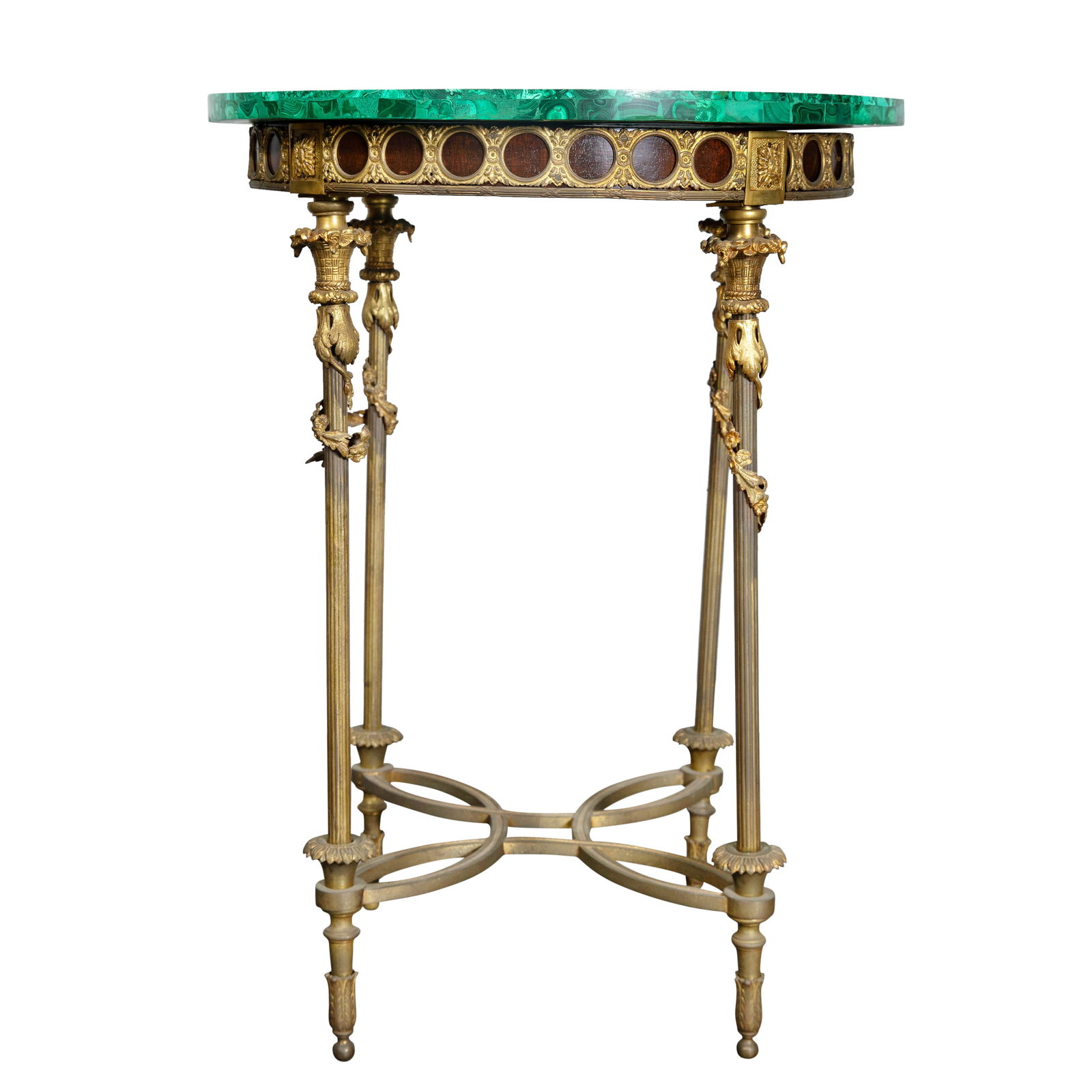 A GILT BRONZE AND MALACHITE TOP GUERIDON, 20TH CENTURY: A GILT BRONZE AND MALACHITE TOP GUERIDON, 20TH CENTURY Dimensions Height: 30.5 Width: 22 3/4"Depth: 22 3/4"