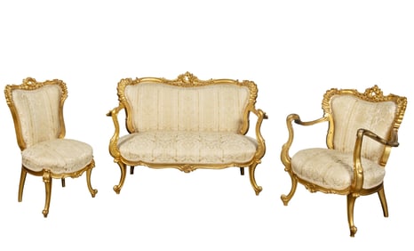 FRENCH CARVED GILT-WOOD ROCOCO STYLE 3-PIECE SALON SUITE, 19TH CENTURY