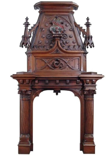 A MONUMENTAL ENGLISH GOTHIC STYLE CARVED WALNUT FIREPLACE, Late 19th Century (1 of 6)