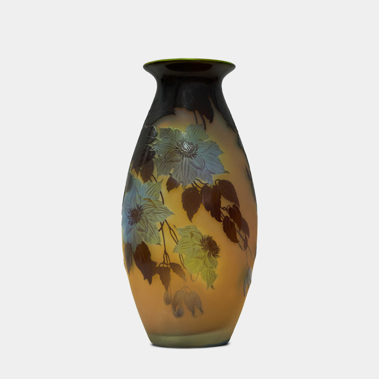 A Large Emile Galle cameo glass vase, yellow ground acid etched overlaid with clematis (1 of 6)