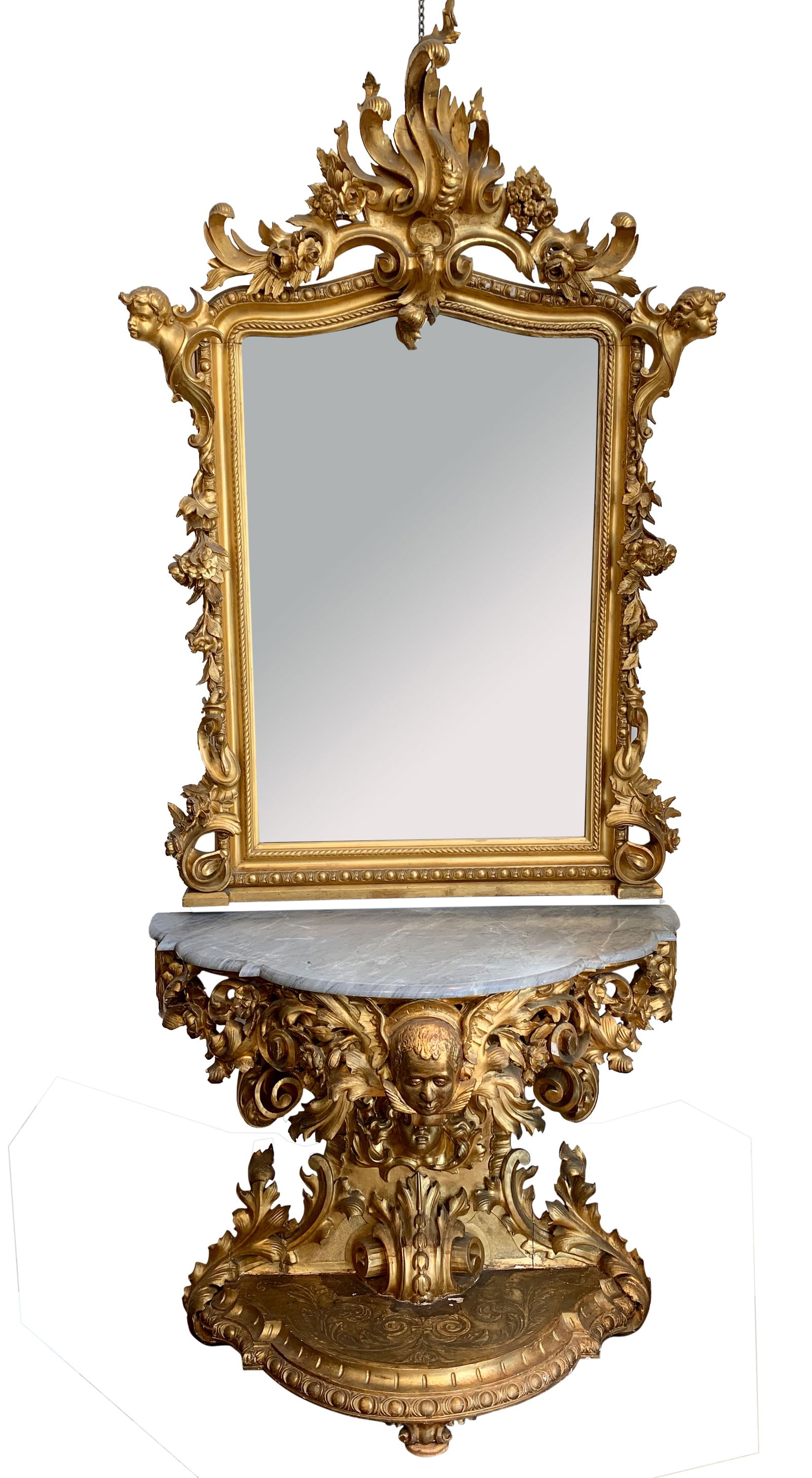A LARGE AND IMPRESSIVE ITALIAN CARVED WOOD MIRROR AND CONSOLE, LATE 19TH CENTURY (1 of 7)