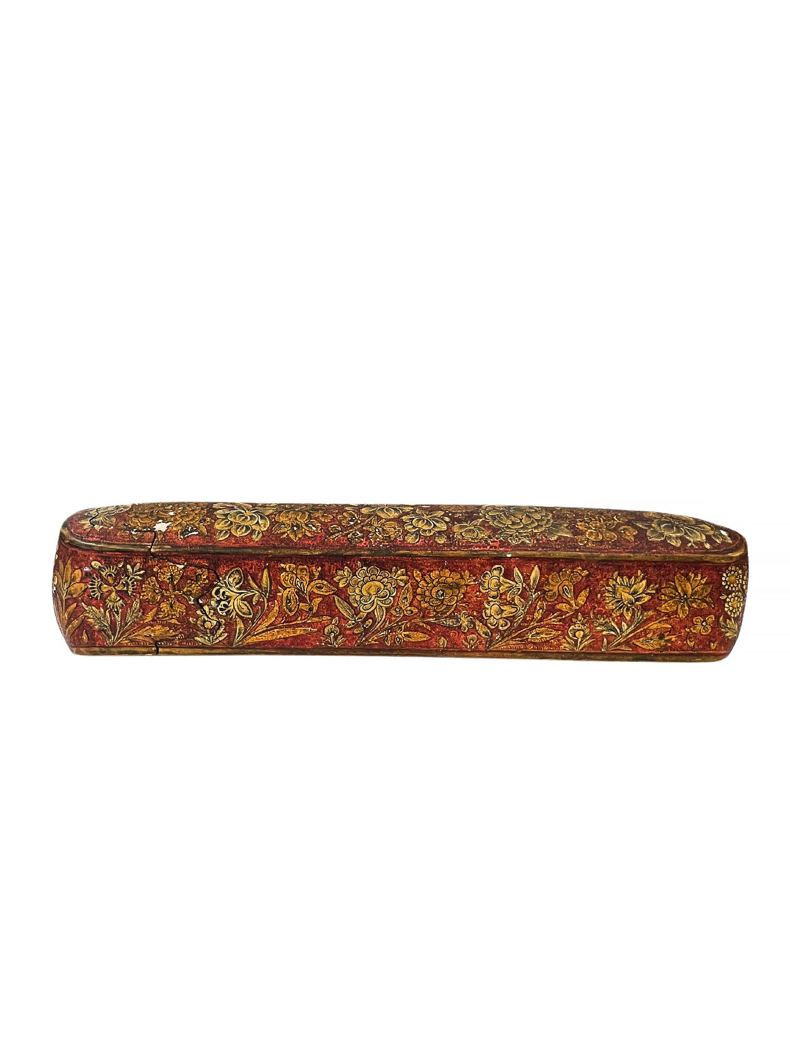 A LARGE ANTIQUE PERSIAN DECORATED PAPER-MACHE PENCIL BOX: A LARGE ANTIQUE PERSIAN DECORATED PAPER-MACHE PENCIL BOX, decorated wth birds amongst gilded flowers, Dimensions Height: 2 1/5" Length: 11 1/2" Depth: 2 1/2"
