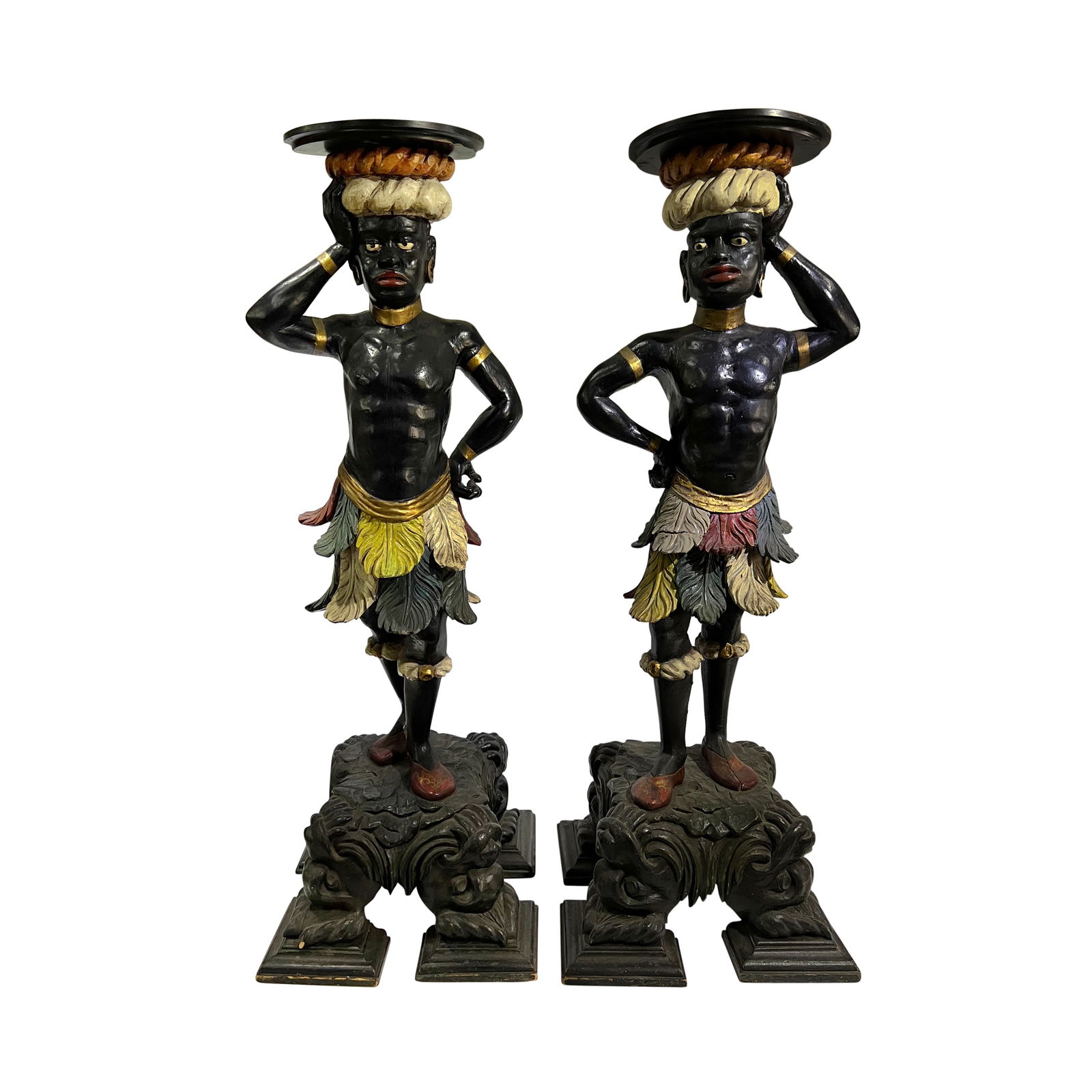 PAIR OF ITALIAN POLYCHROME PAINTED BLACKAMOOR PEDESTALS, 19TH CENTURY: PAIR OF ITALIAN POLYCHROME PAINTED BLACKAMOOR PEDESTALS, 19TH CENTURY, Dimensions Height: 48" Width: 17" Depth: 17"