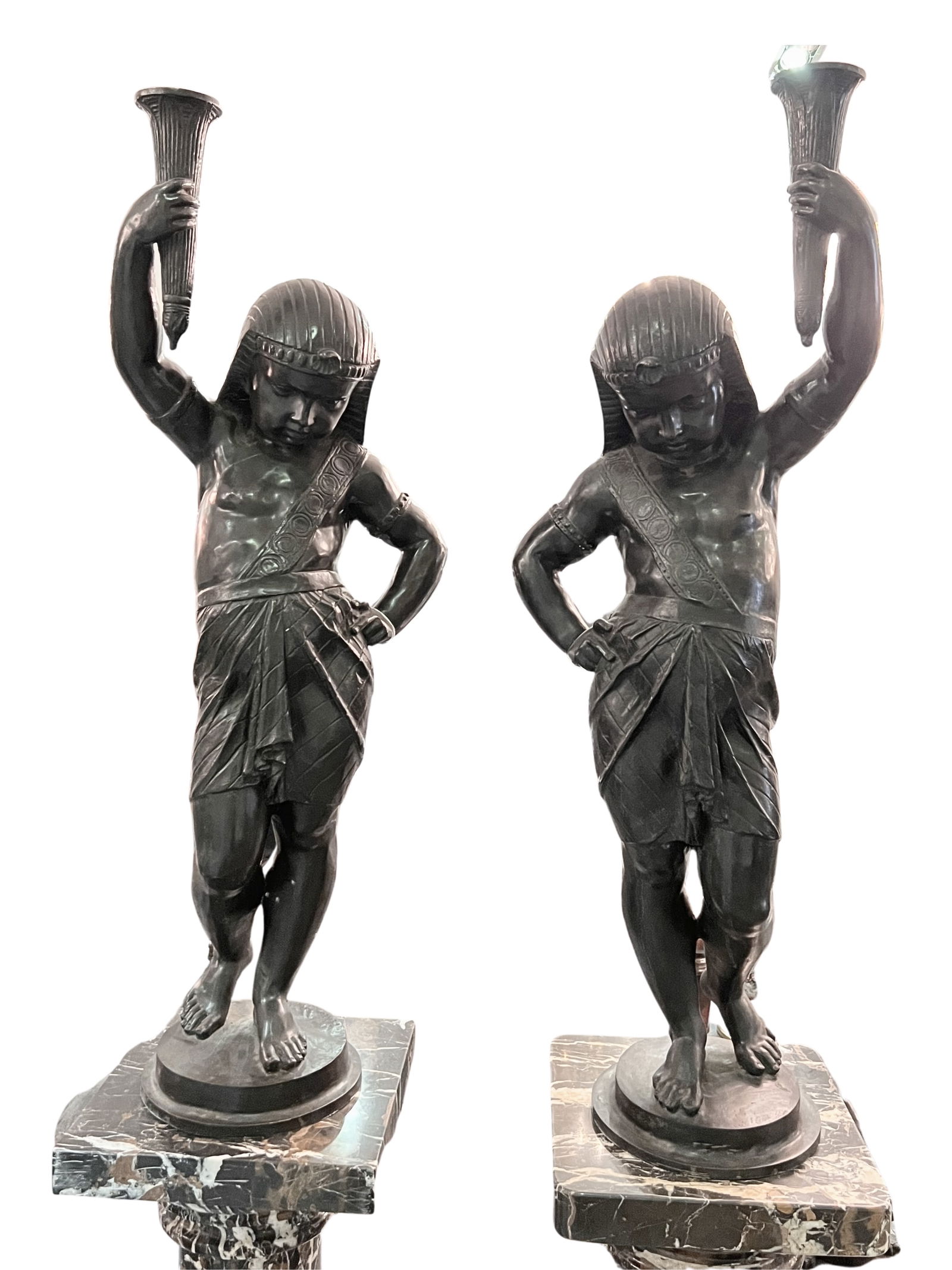 A PAIR OF FRENCH EGYPTIAN REVIVAL CAST-IRON FIGURAL TORCHERE, LAST QUARTER 19TH CENTURY (1 of 6)