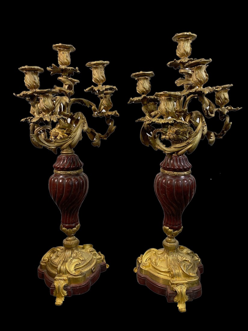 PAIR OF FRENCH ROUGE MARBLE AND GILT BRONZE CANDELABRAS, 19TH CENTURY (1 of 5)