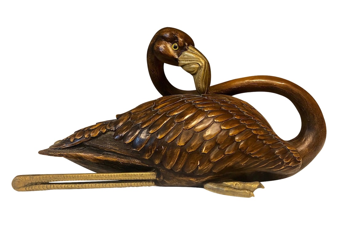 ITALIAN CARVED WOOD AND BRONZE FLAMINGO BY D. MALAVELTI, EARLY 20TH CENTURY (1 of 3)
