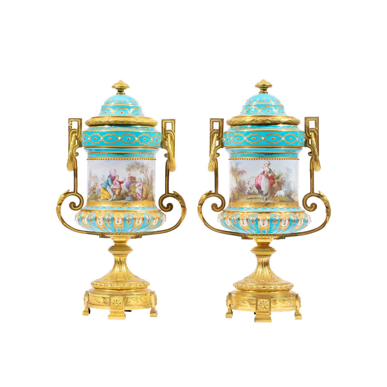 A PAIR OF SMALL FRENCH SEVRES STYLE GILT BRONZE MOUNTED TURQUOISE VASES: A PAIR OF SMALL FRENCH SEVRES STYLE GILT BRONZE MOUNTED TURQUOISE VASES, Dimensions Height: 12" Width: 7" Depth: 4.5"
