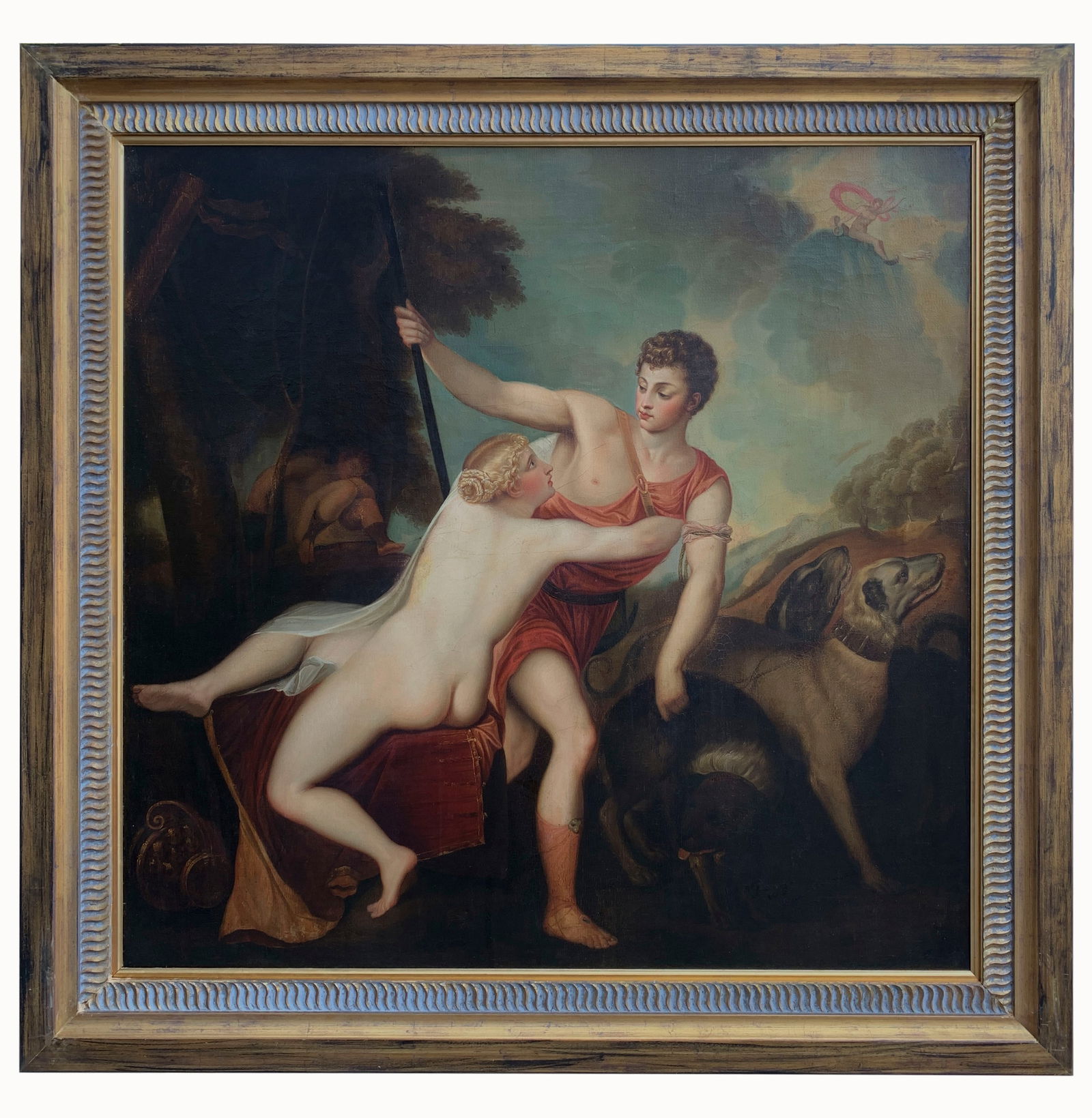 CONTINENTAL ANTIQUE MYTHOLOGICAL PAINTING OF VENUS AND ADONIS: CONTINENTAL ANTIQUE MYTHOLOGICAL PAINTING OF VENUS AND ADONIS, 18th/19th Century, placed in a later frame, after 16th century painting by Titian, Dimensions Sight Width: 47 1/4" Height: 45 3/4"