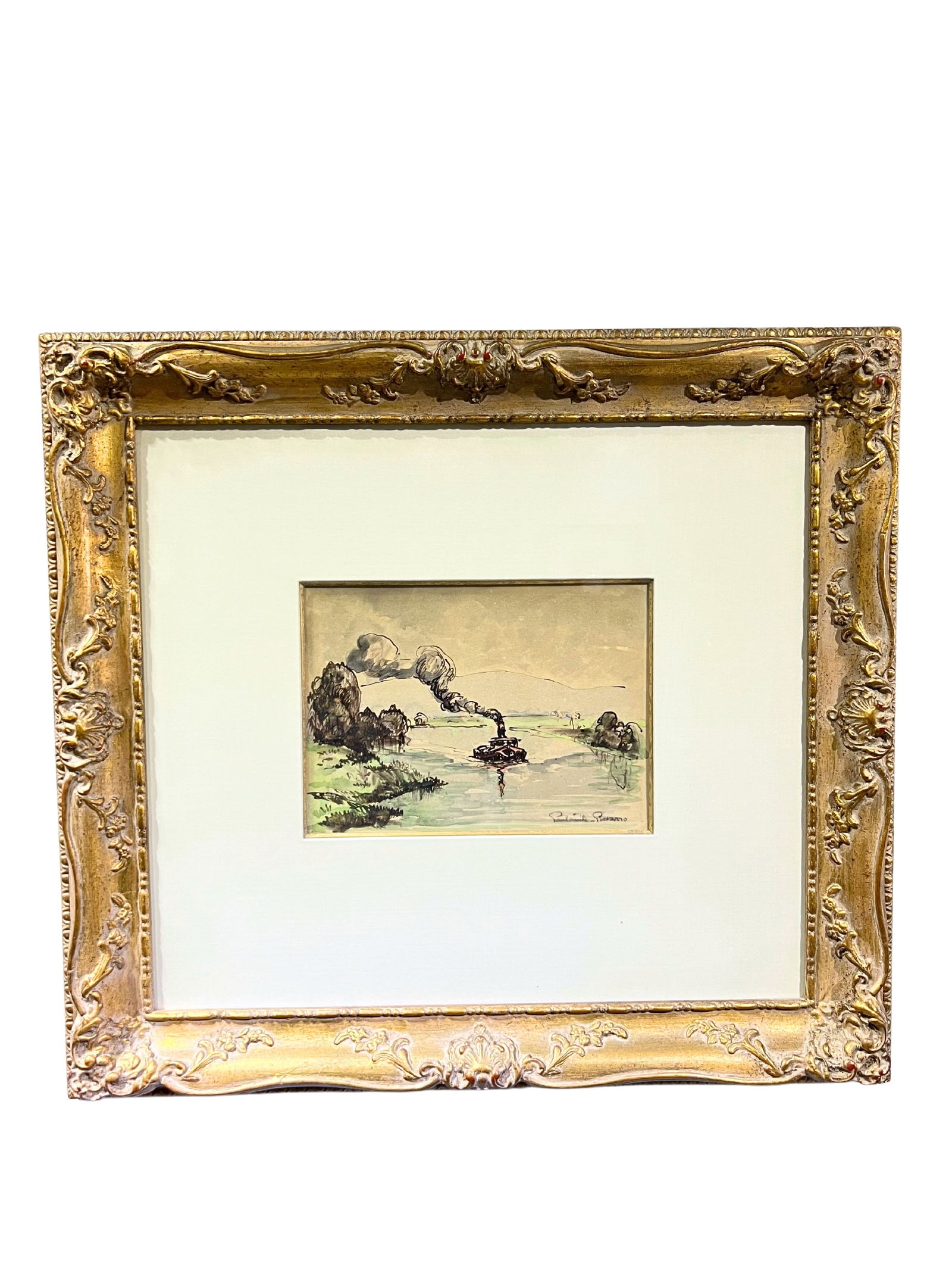 PAUL EMILE PISSARO, 'ILOT SUR LA SEINE' EARLY 20TH CENTURY: PAUL EMILE PISSARO, 'ILOT SUR LA SEINE' EARLY 20TH CENTURY, PEN, INK & WATERCOLOR MOUNTED ON BOARD, SIGNED, DIMENSIONS: BOARD: 27CM X 20CM