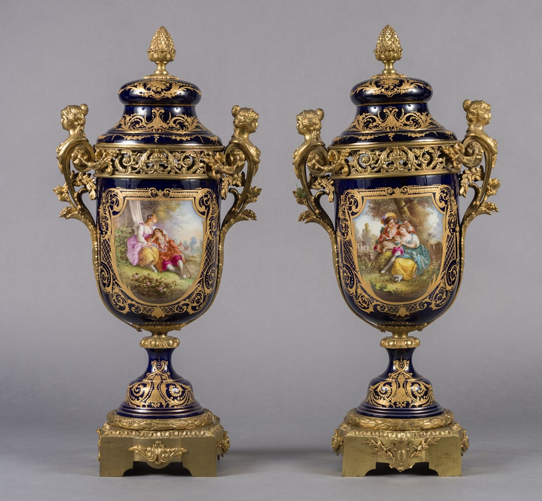 PAIR OF FRENCH SEVRES STYLE PORCELAIN AND GILT BRONZE MOUNTED LIDDED VASES, 19TH CENTURY (1 of 10)