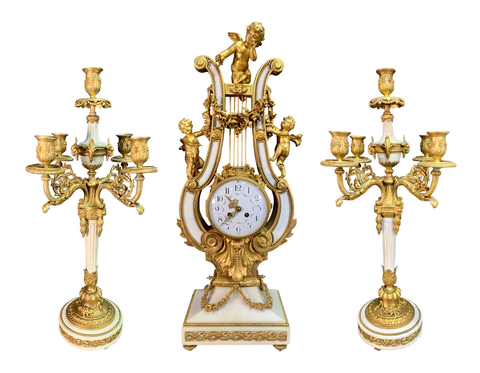 FRENCH GILT BRONZE AND MARBLE 'LYRE' SHAPED CLOCK GARNITURE, 19TH CENTURY (1 of 7)