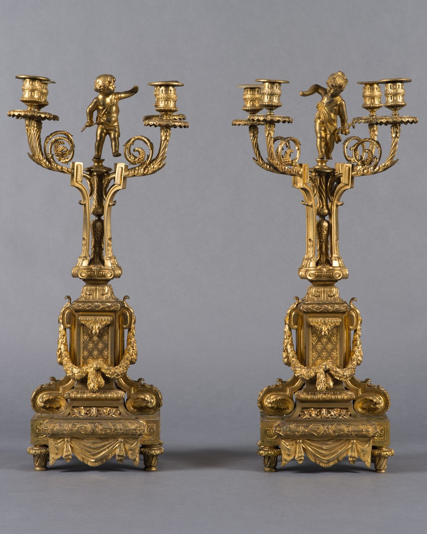 PAIR OF FRENCH GILT BRONZE FIGURAL FOUR BRANCH CANDELABRA, 19TH CENTURY (1 of 7)