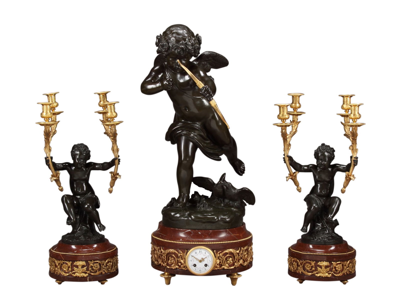 FRENCH BRONZE FIGURAL CLOCK GARNITURE AFTER JEAN ANTOINE HOUDON, 19TH CENTURY (1 of 4)