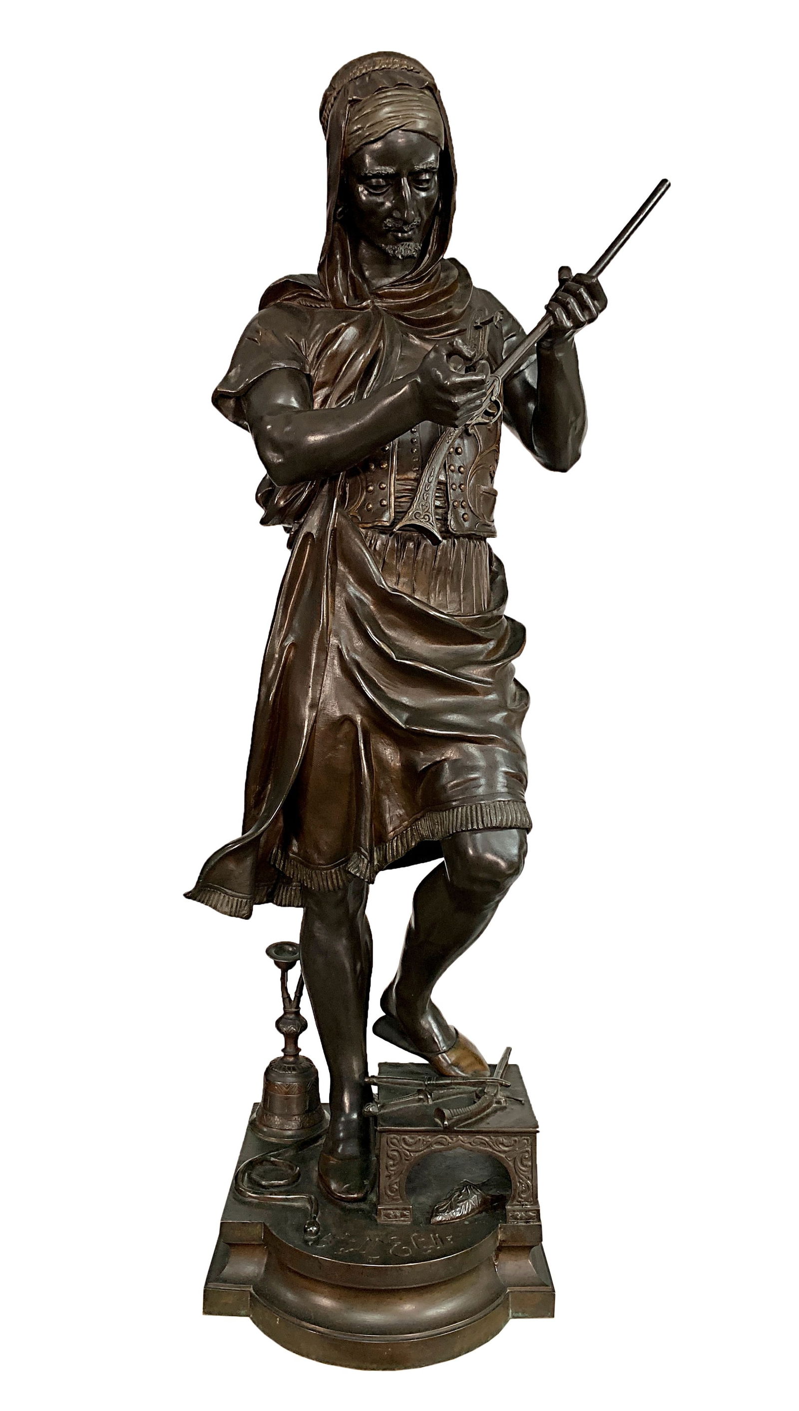 FRENCH PATINATED ORIENTALIST BRONZE TITLED ' LE MARCHAND D'ARMES TURC', 19TH CENTURY (1 of 6)