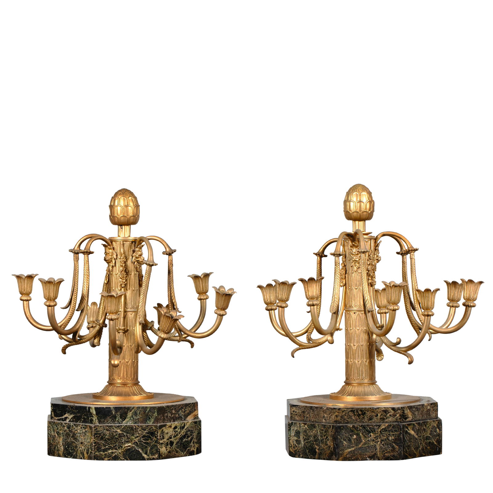 A PAIR OF ART NOUVEAU GILT BRONZE NINE BRANCH CANDELABRAS ON MARBLE BASES, CIRCA 1930 (1 of 7)