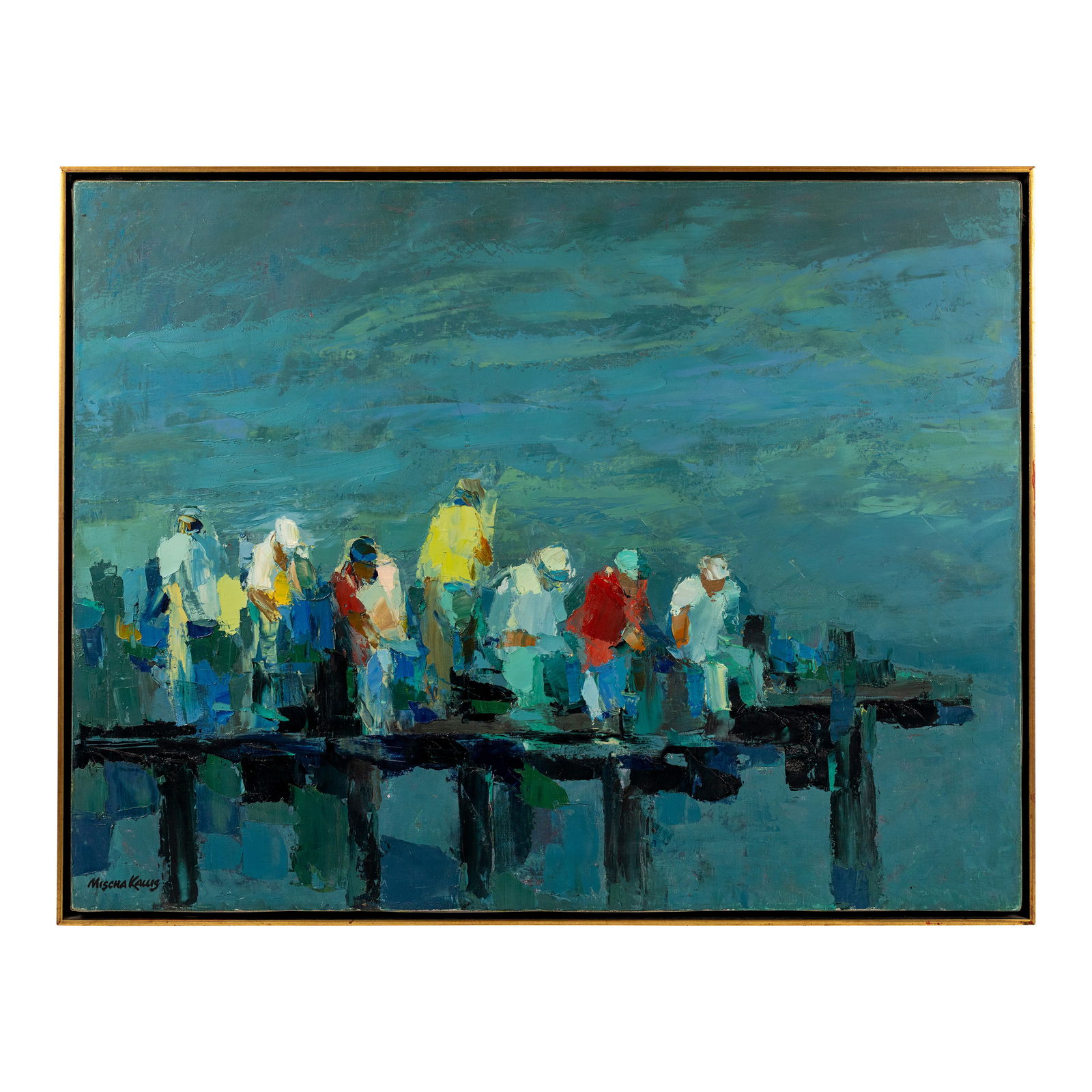 MISCHA KALLIS (1903-1987) IMPRESSIONIST OIL PAINTING ON CANVAS,: MISCHA KALLIS (1903-1987) IMPRESSIONIST OIL PAINTING ON CANVAS, Titled 'Figures on a Pier???, Signed lower left: Mischa KallisDimensionsCanvas: 35" x 27"Frame: 36" x 28"