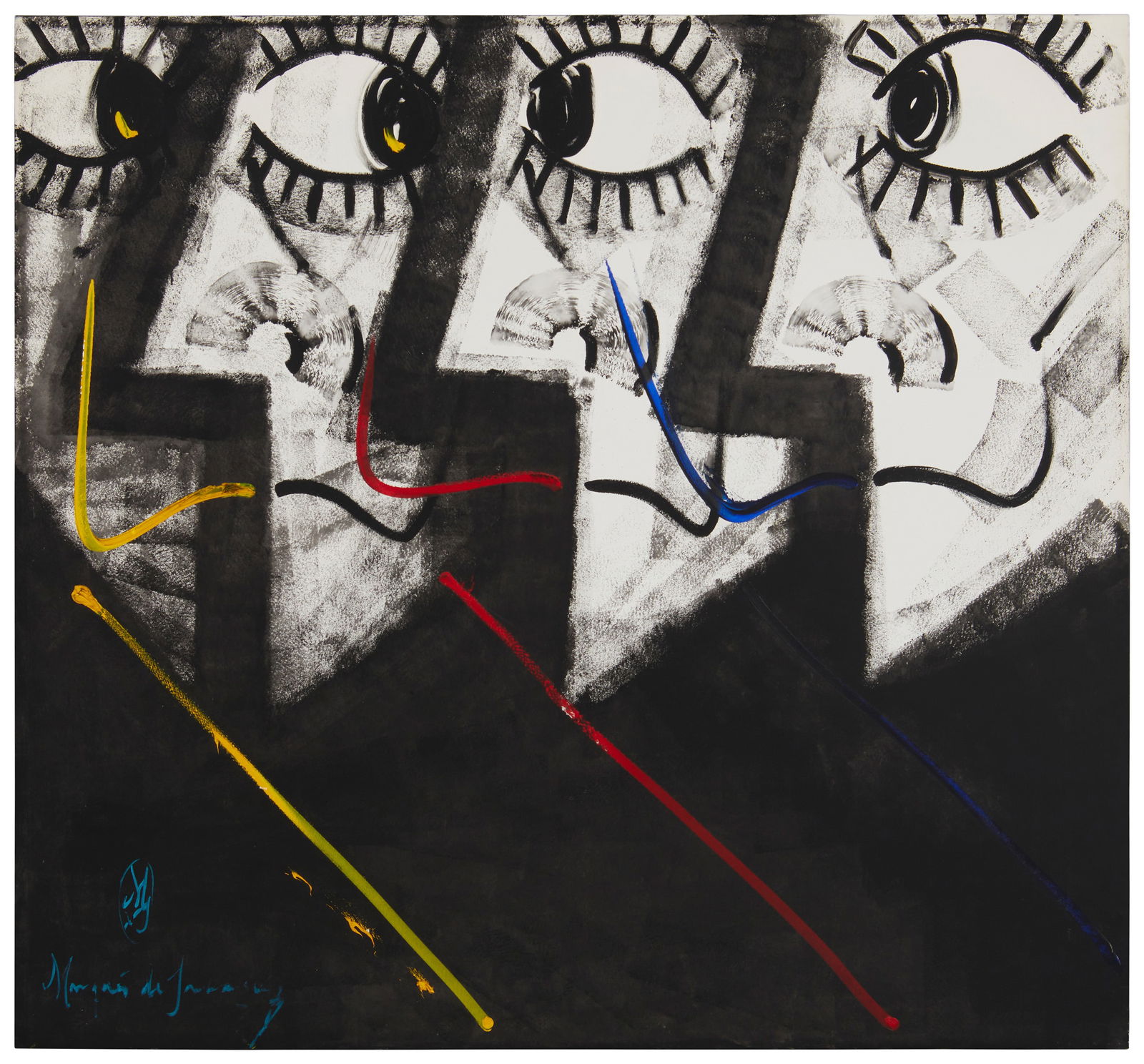 MIGUEL GARCIA (MARQUEZ DE JADRAQUE) TITLED 'TRES DALIS' OIL ON CANVAS: MIGUEL GARCIA (MARQUEZ DE JADRAQUE) TITLED 'TRES DALIS' OIL ON CANVAS, follower of Salvador Dali, signed on verso and signed on bottom left hand side of painting, Dimensions Width: 50" Height: 47"