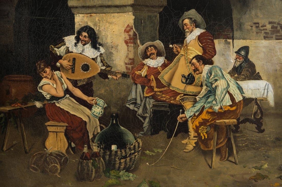 G. NOVELLI MUSKETEERS IN AN INTERIOR OIL ON CANVAS, LATE 19TH CENTURY: G. NOVELLI MUSKETEERS IN AN INTERIOR OIL ON CANVAS, LATE 19TH CENTURY, depicts a gallant courtship that captures the romanticized image of musketeers. Signed lower right: G. NovelliFrame Height 34" Wi