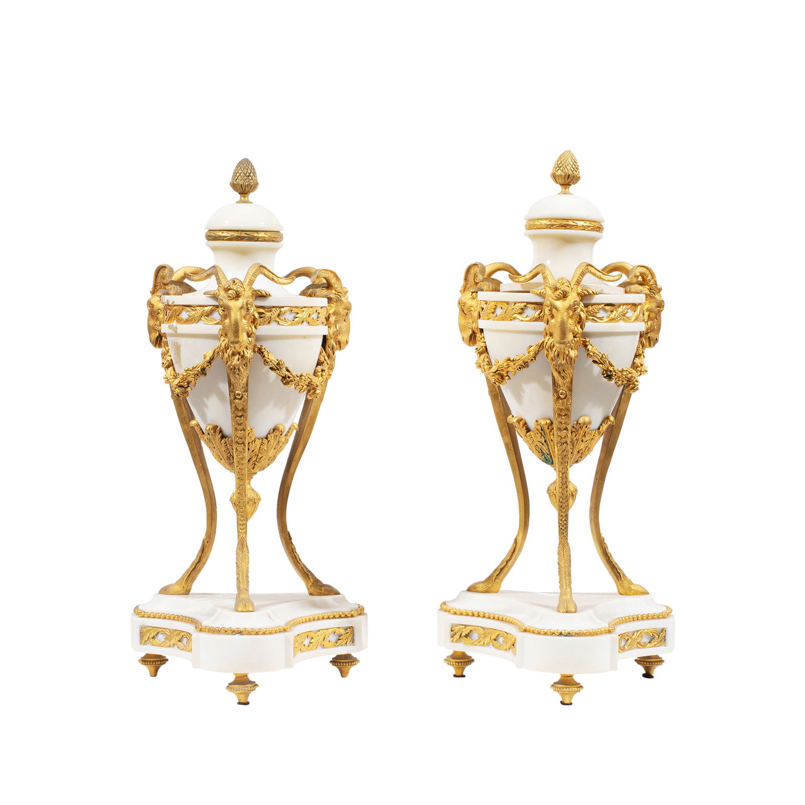 PAIR OF FRENCH GILT BRONZE MOUNTED & WHITE MARBLE LIDDED CASSOLETTES, 19TH CENTURY: PAIR OF FRENCH GILT BRONZE MOUNTED LIDDED CASSOLETTES, 19TH CENTURY, Dimensions Height: 16.5"