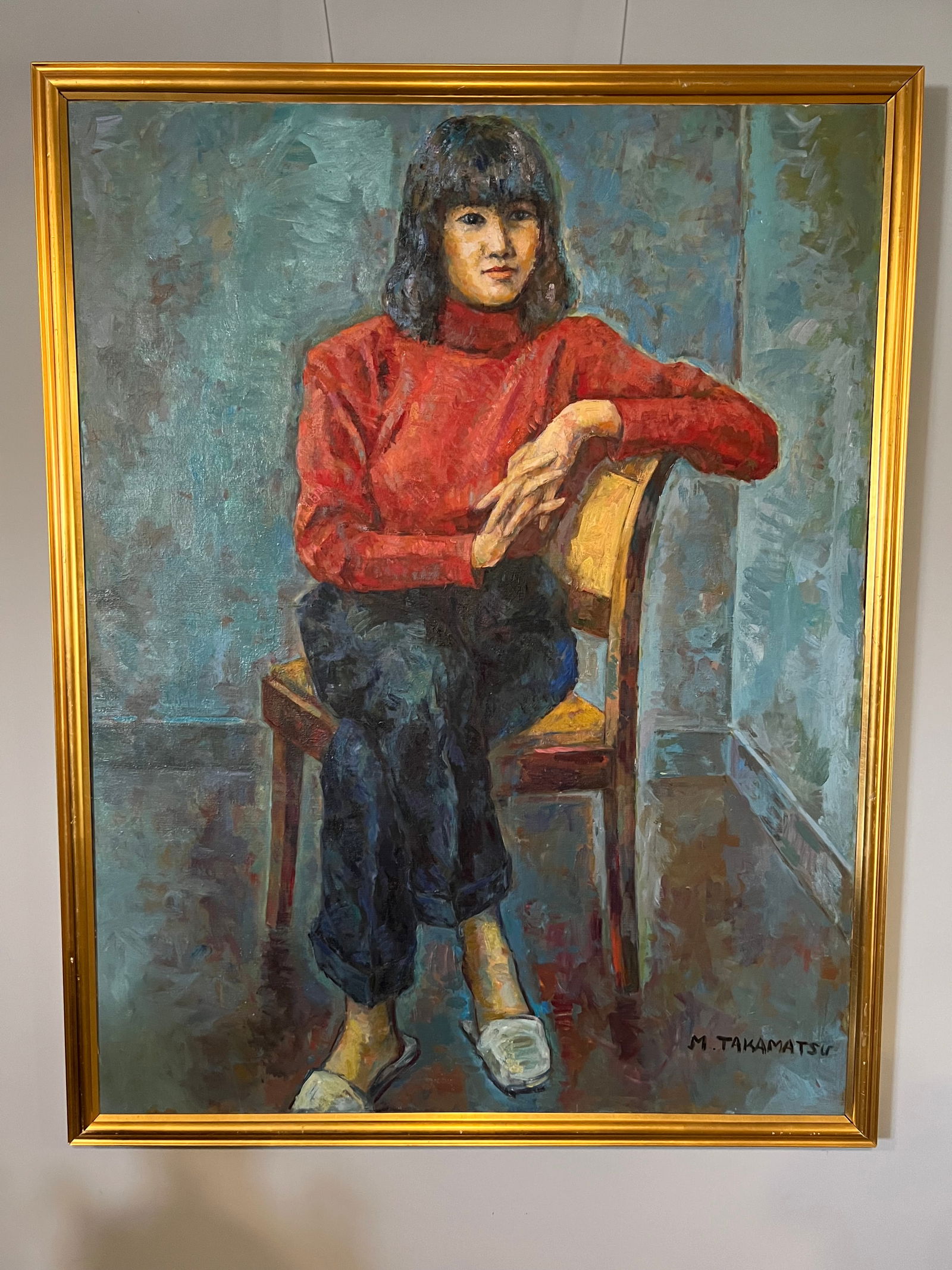 A LARGE JAPANESE OIL ON CANVAS PORTRAIT SIGNED M. TAKAMATSU (1 of 6)