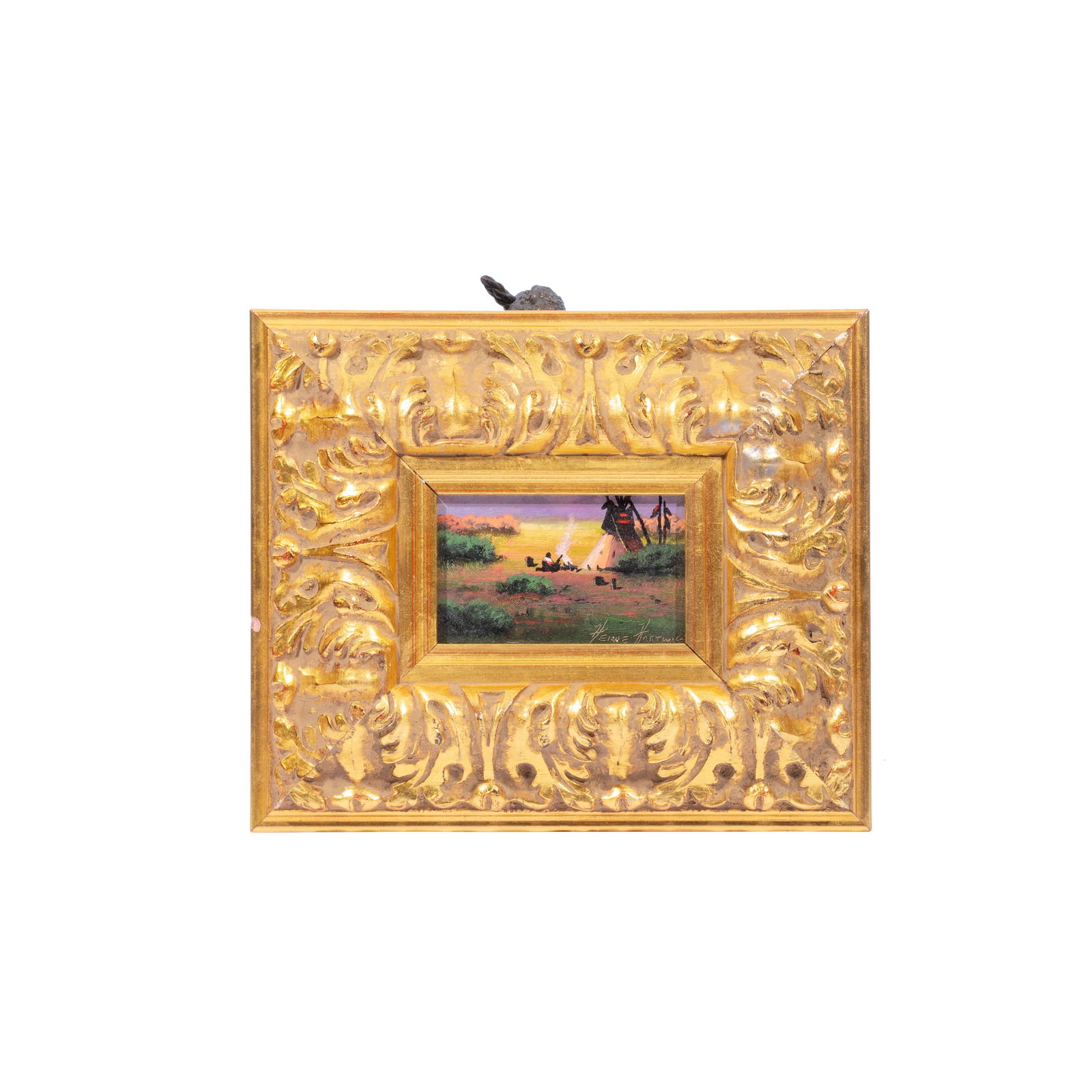 HEINIE HARTWIG COMANCHE CAMP (1937-) OIL ON BOARD,: HEINIE HARTWIG COMANCHE CAMP (1937-) OIL ON BOARD, Dimensions Sight Height: 3 1/4" Width: 5"