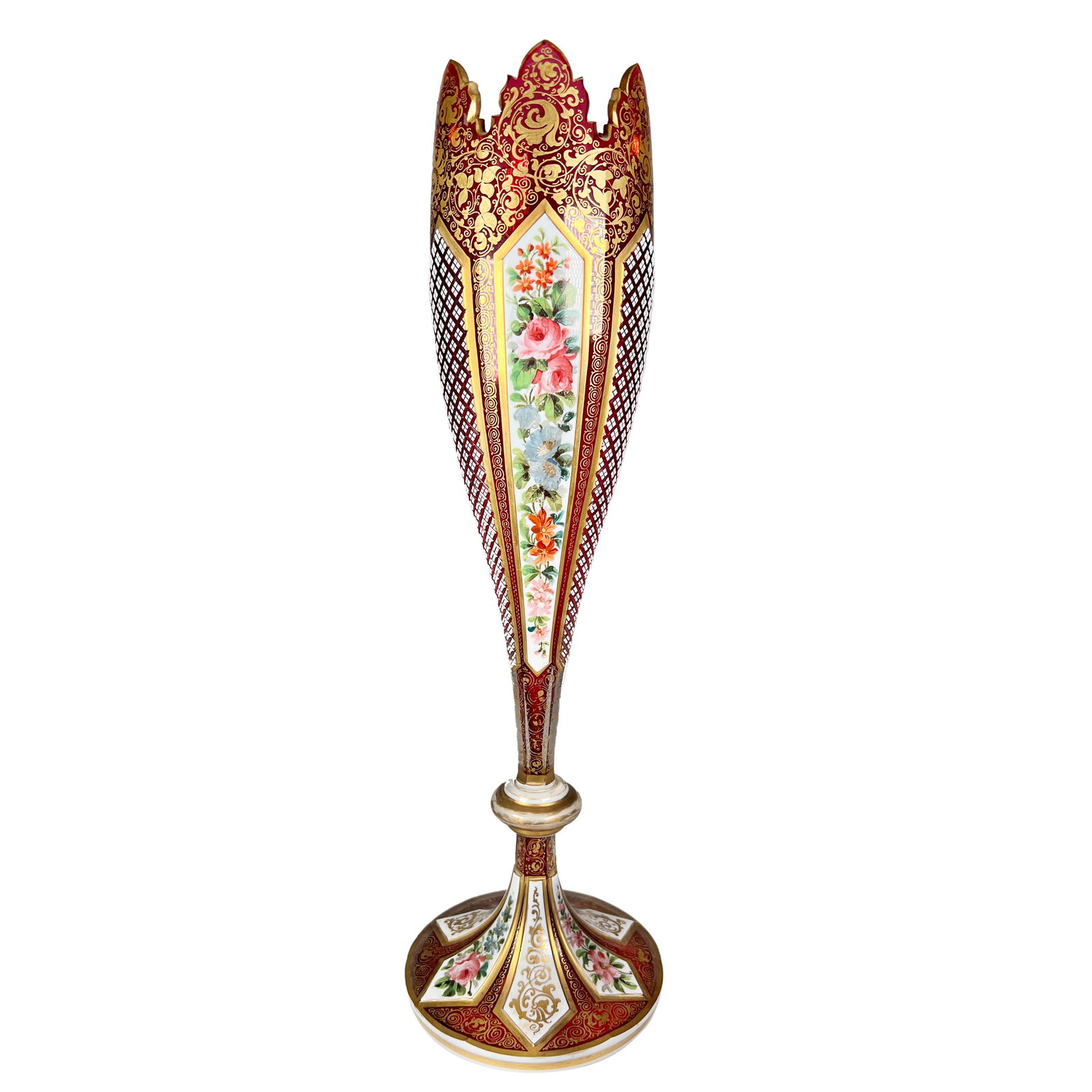 A BOHEMIAN CRANBERRY RED CUT GLASS AND ENAMEL VASE, CIRCA 1900 (1 of 4)