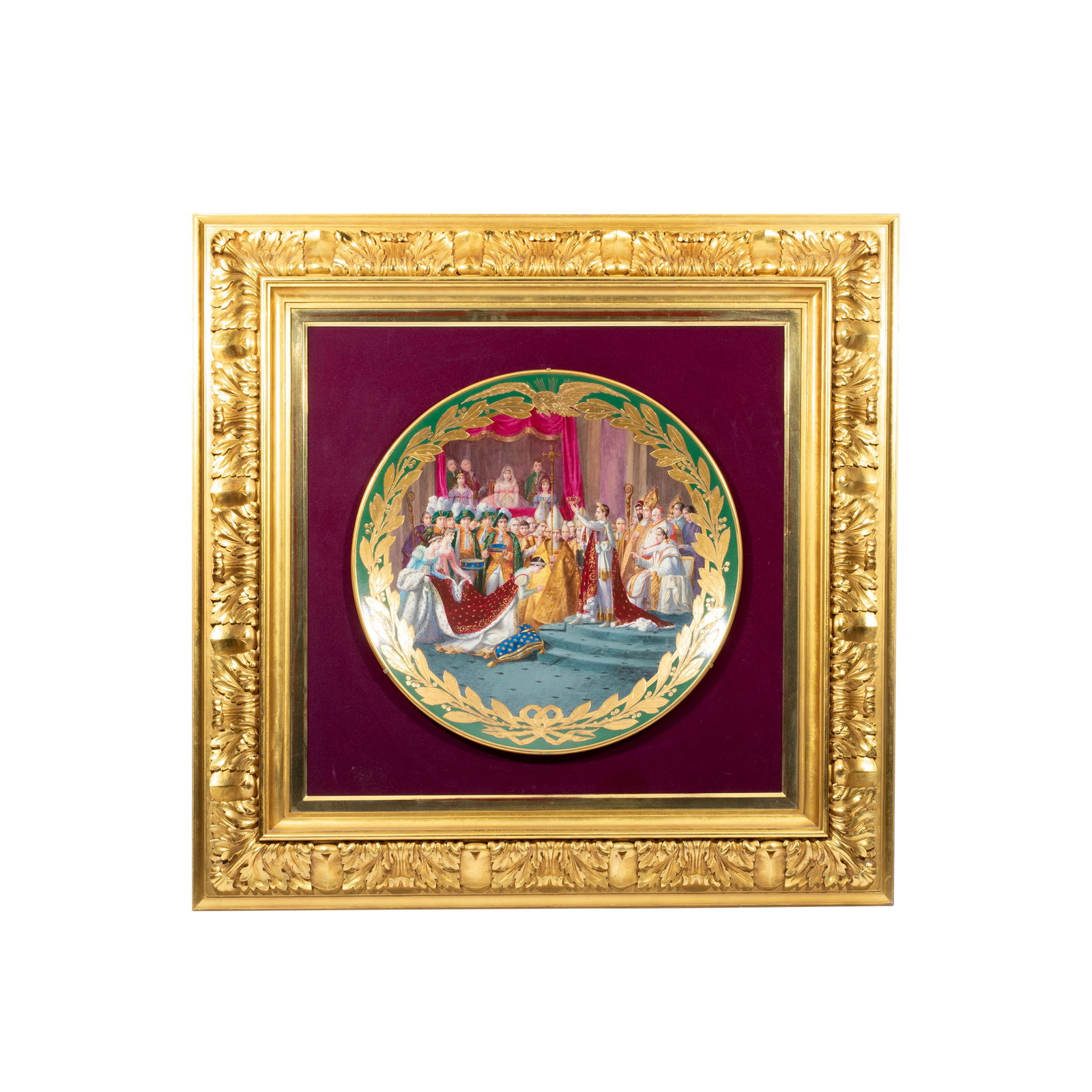 LARGE 19TH CENTURY FRENCH SEVRES STYLE PORCELAIN CHARGER ' CORONATION OF JOSEPHINE': LARGE 19TH CENTURY FRENCH SEVRES STYLE PORCELAIN CHARGER ' CORONATION OF JOSEPHINE' on a green ground porcelain background, depicting the consecration of the Emperor Napoleon I and coronation of the