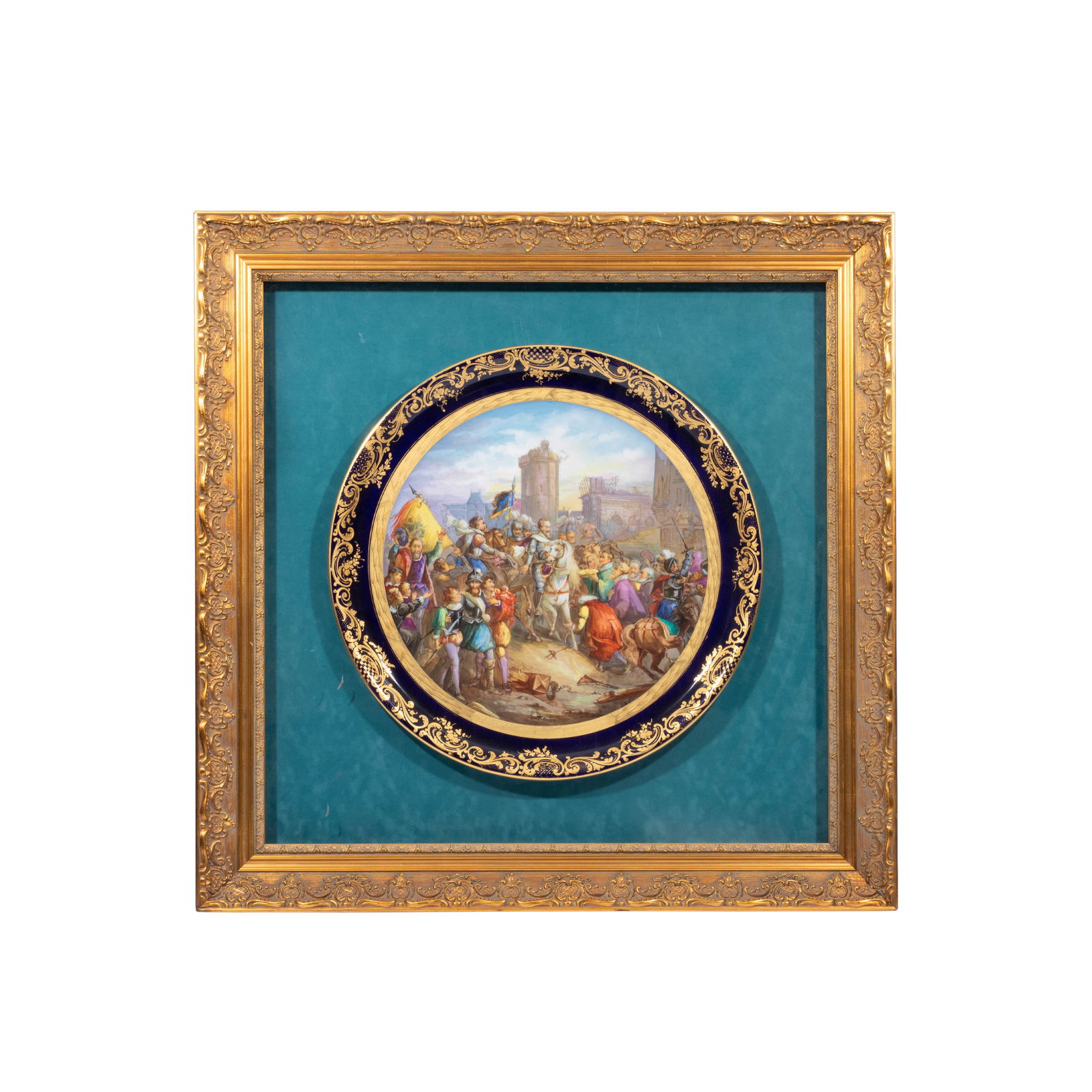 A VERY LARGE FRENCH SEVRES STYLE PORCELAIN COBALT BLUE GROUND CHARGER, 19TH CENTURY: A VERY LARGE FRENCH SEVRES STYLE PORCELAIN COBALT BLUE GROUND CHARGER, 19TH CENTURY depicting the Triumphal Entry of Henry IV into Paris in the year 1594' after the original painting by Paul Rubens pa