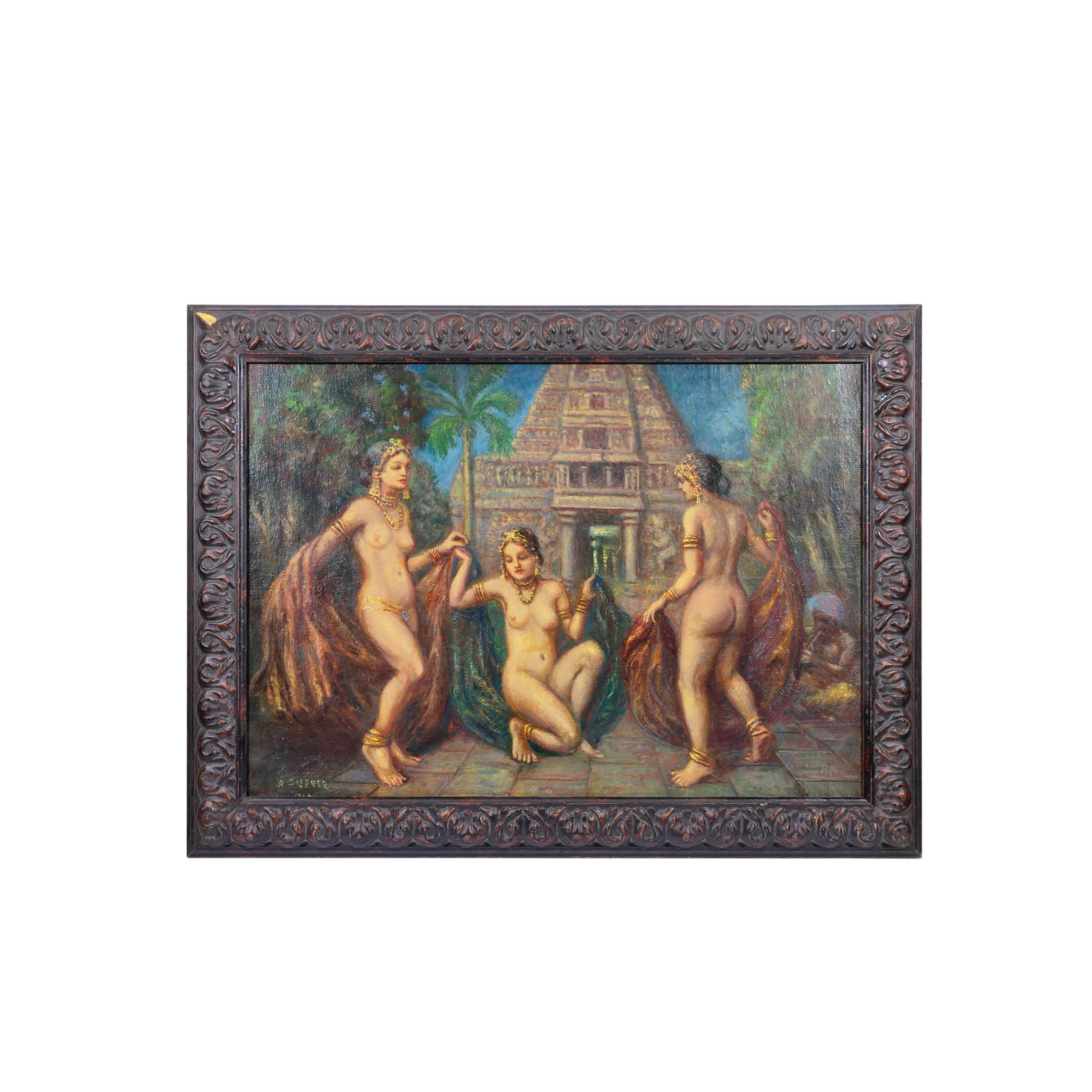 GERMAN ARTHUR JOHANNES SIEBNER (1875-1948) OIL ON CANVAS THREE NUDES IN A LANDSCAPE: GERMAN ARTHUR JOHANNES SIEBNER (1875-1948) OIL ON CANVAS THREE NUDES IN A LANDSCAPE, signed and dated bottom left A. Siebner 1924, Dimensions Sight Height: 26 3/4" Width: 35 1/2"