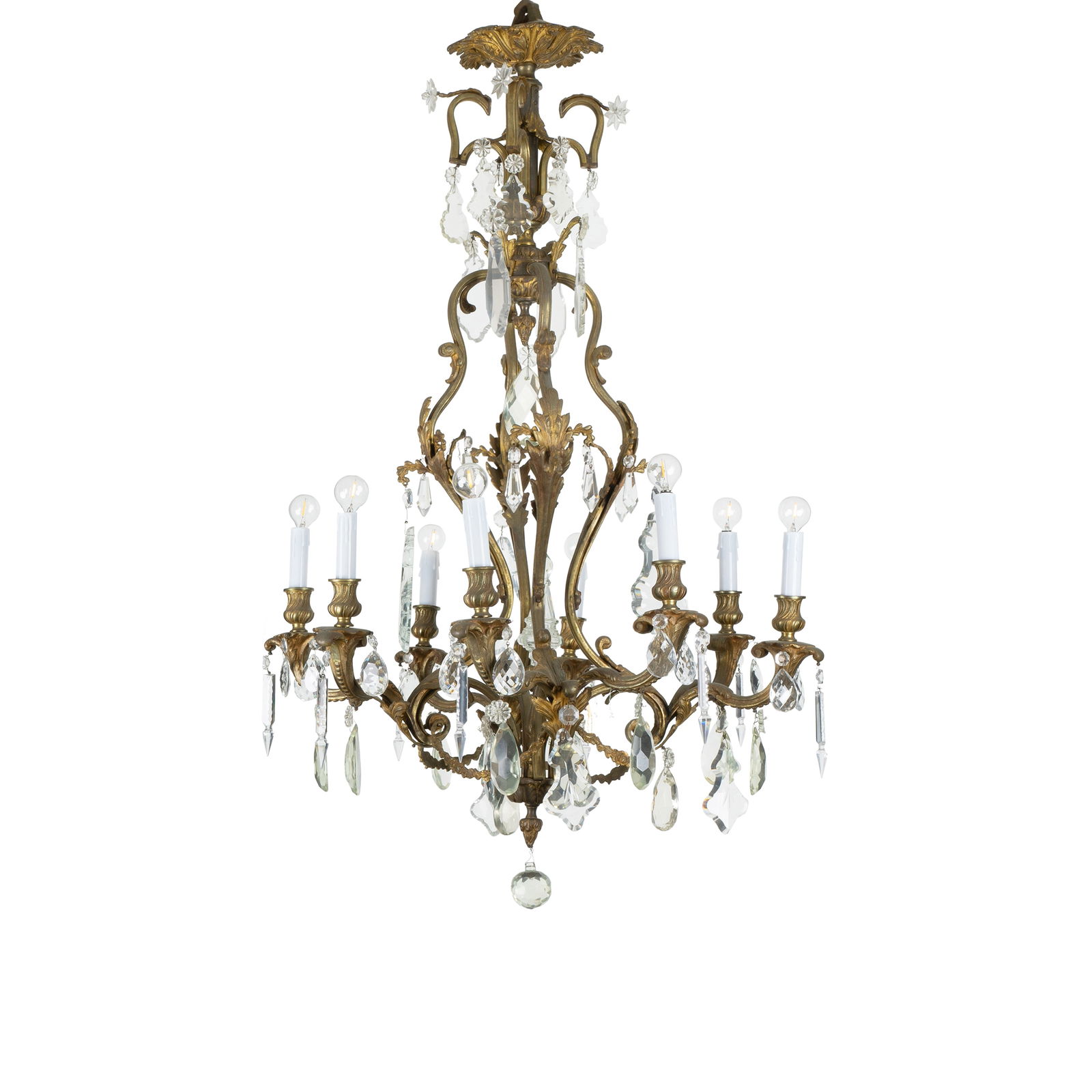 A FRENCH BRONZE ROCOCO STYLE EIGHT LIGHT CHANDELIER, LATE 19TH CENTURY (1 of 6)