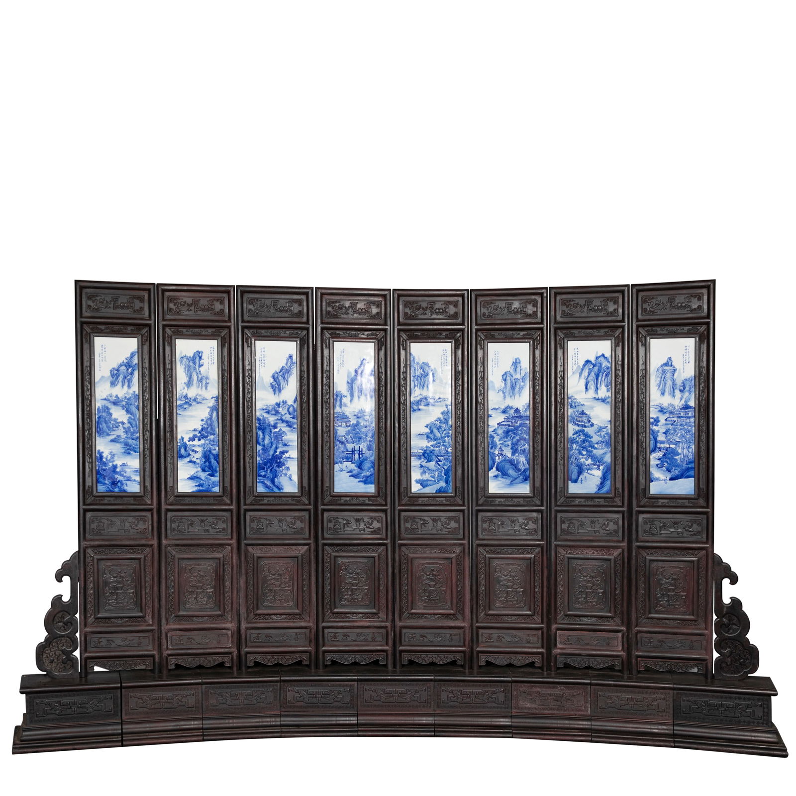 A LARGE CHINESE BLUE AND WHITE PORCELAIN INLAID EIGHT PANEL SCREEN (1 of 7)