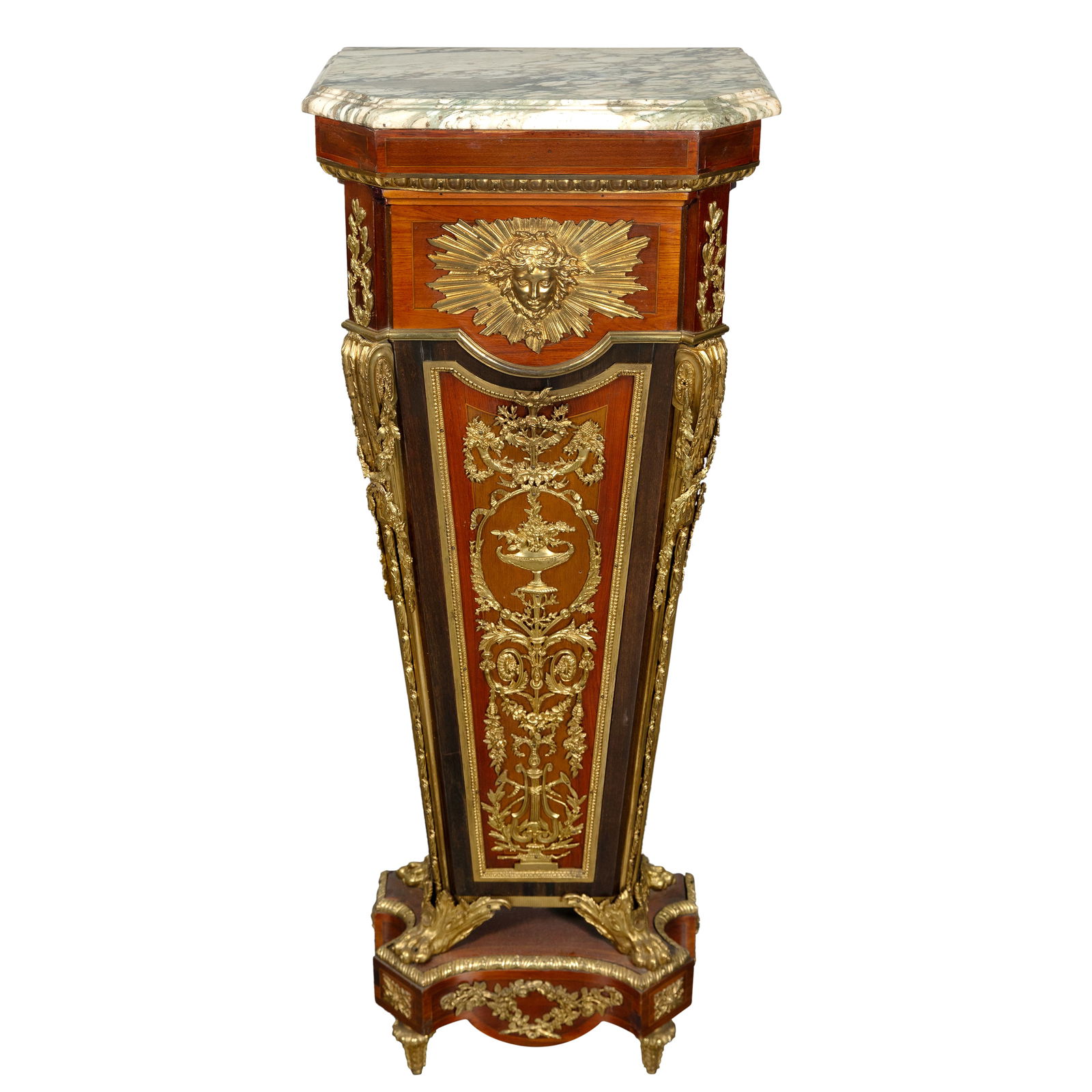 A LOUIS XVI STYLE GILT-BRONZE MOUNTED MAHOGANY AND SYCAMORE PEDESTAL, LATE 19TH CENTURY (1 of 10)