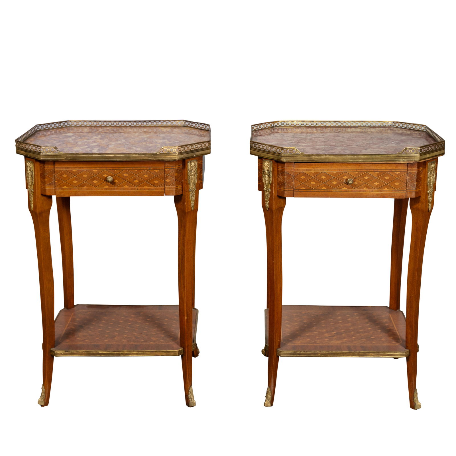 PAIR OF FRENCH LOUIS XVI STYLE INLAID MARBLE TOP NIGHT STANDS, CIRCA 1900 (1 of 10)