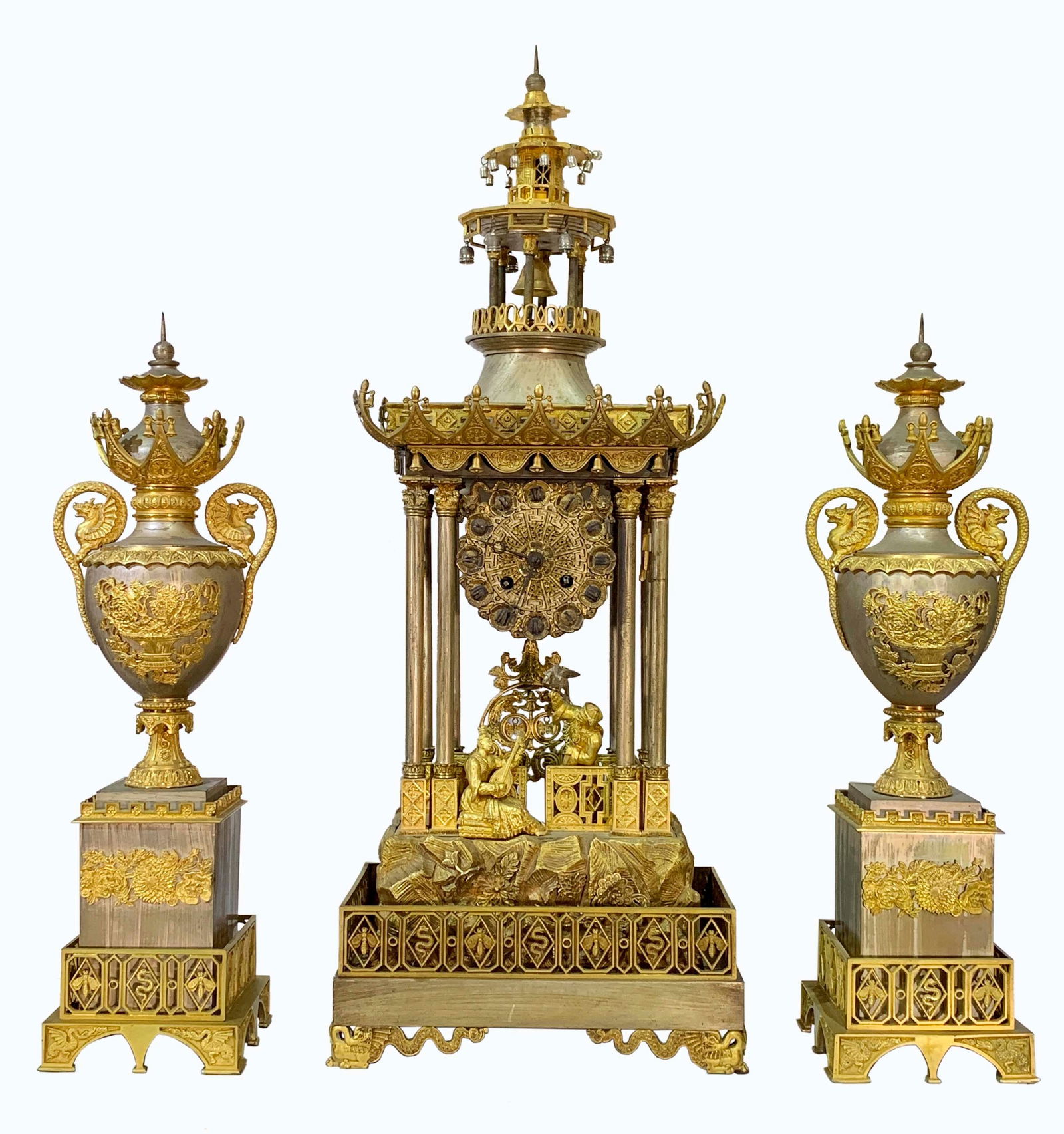 AN EXCEPTIONAL SILVERED & GILT BRONZE CHINOISERIE CLOCK GARNITURE MADE FOR THE CHINESE QING COURT, (1 of 8)