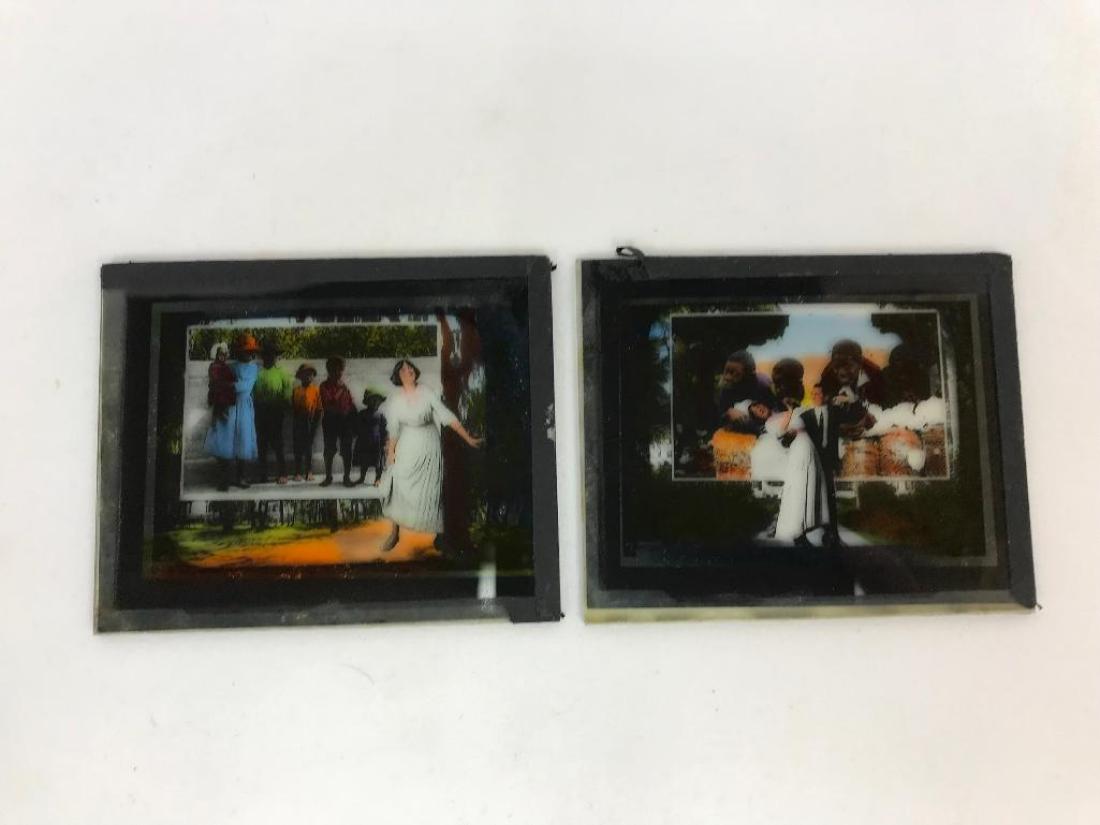 Vintage Color Slides: Pair of vintage glass color slides by the Excelsior Slide Company (NY) Illustrating the 'Chicken Reel'. 4 x 3 1/4"