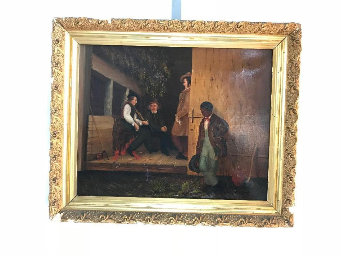 Antique Oil Painting: Mid 19th century oil on canvas painting. 15" x 19", 19" x 23" in frame as as seen, unsigned, some damage to frame and canvas