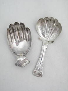 2 George III Sterling Silver Tea Scoops: George III sterling silver tea scoop, figural hand shaped, Birmingham, 1806, John Turner; Shell and thread tea scoop, Birmingham, 1831, John Brashier, hand chased and hallmarked