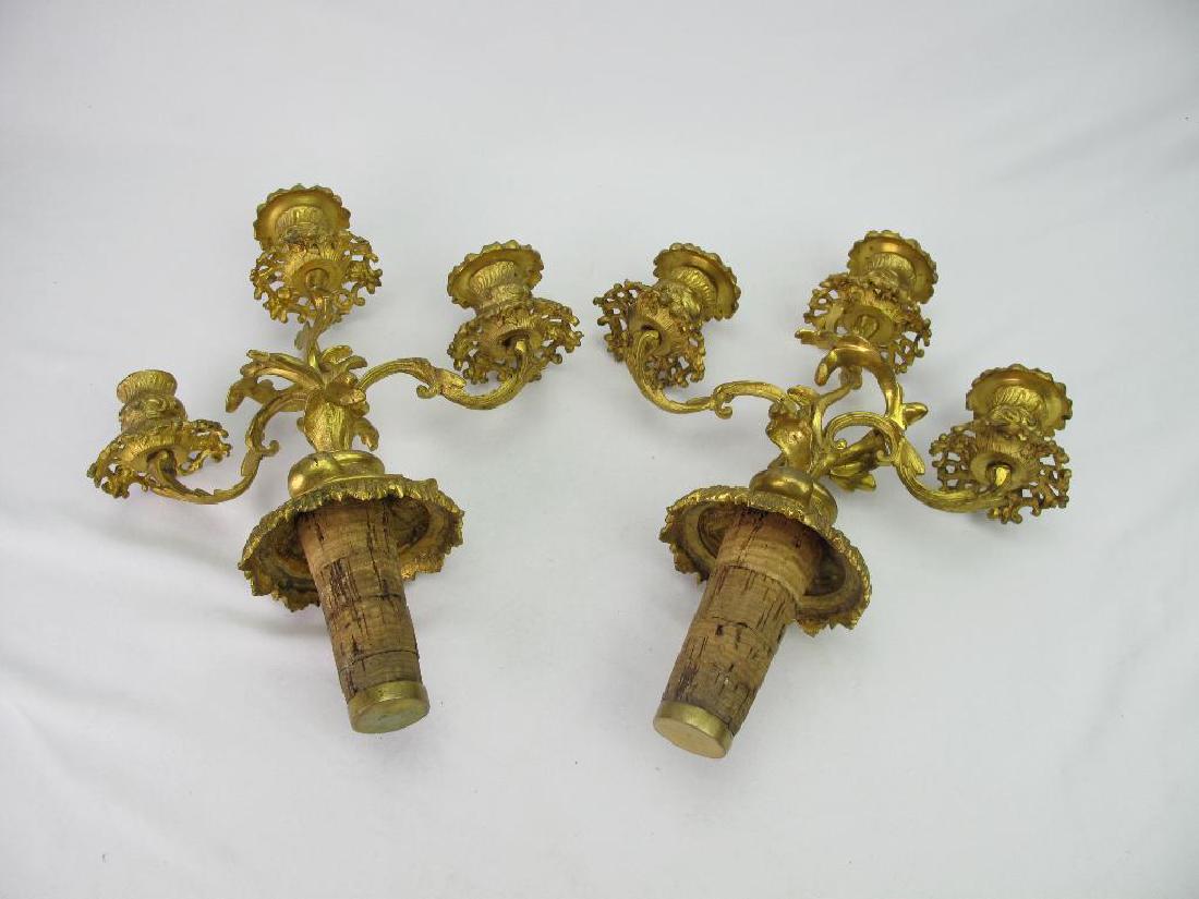 Pair of 19th Century Gilt 3-light Candelabra Tops: Pair of 19th Century gilt 3-light candelabra tops (only) with cork bases for 1 3/8 to a 2-inch aperture. Tops (only) with cork bases for 1 3/8 to 2 inch aperture, 12" x 10" x 4"