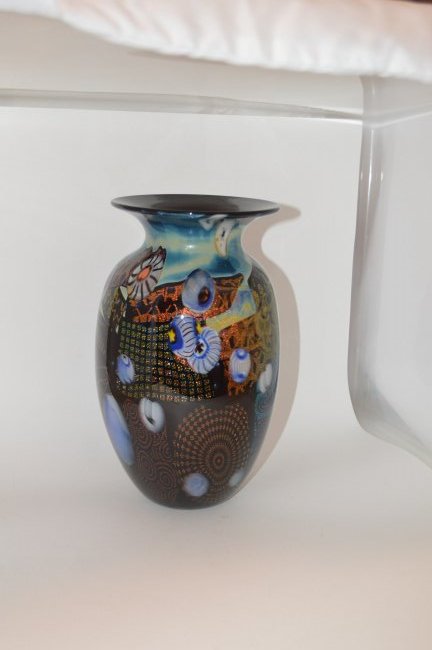 Vanderlaan & Bliss Art Glass Vase: Vanderlaan Art Glass Vase "Optical Glass" multi color and design, 10.5", signed and dated.