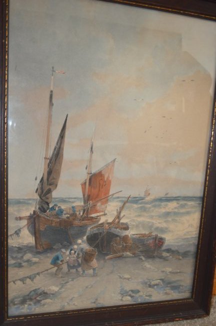 Theodore A. Weber (1838-1907) Watercolor: Theodore A. Weber (Germany) watercolor, "Long Day Fishing", signed lower right, 16.25" X 22.25" framed.