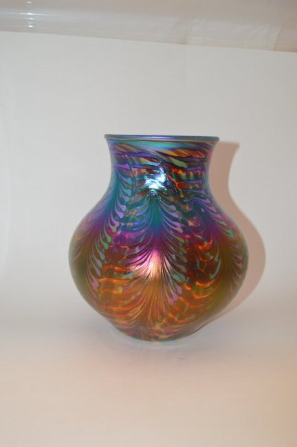 Charles Lotton Art Glass Vase 1999: 1999 Charles Lotton Art Glass Vase, sunset multi-color luster pulled feather design, 8" tall, signed and dated.