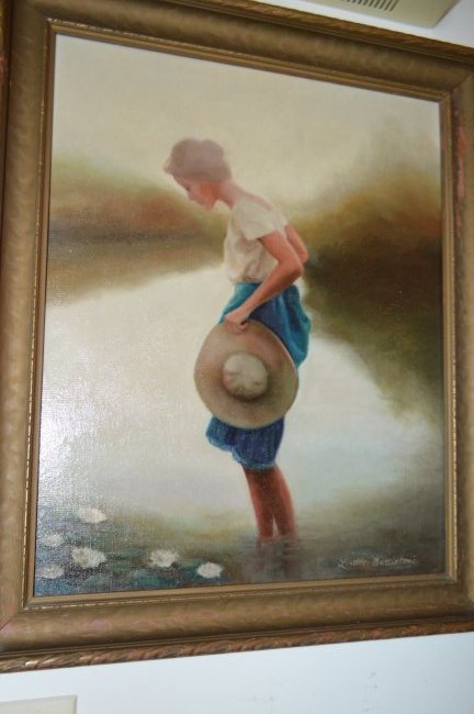 Loretta Battistoni Oil on Canvas: Loretta Battistoni Oil on Canvas, Girl Wading in Water Hat in Hand, signed lower right, 19.75" X 23.5" framed