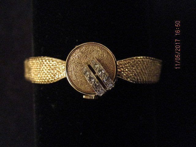 Vintage 14K Gold LaLeuba Women's Bracelet Watch: Vintage 14K Yellow Gold LaLeuba Women's Bracelet Watch with 10 Diamonds across the bracelet cover, 14K mesh band with safety chain, 22 grams