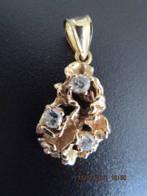 14K Gold Nugget Pendant with 3 Diamonds (1 of 3)