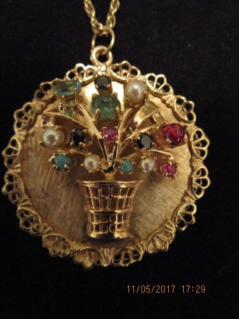 Vintage Large 14K Gold Pendant w Basket of Jewels (1 of 3)
