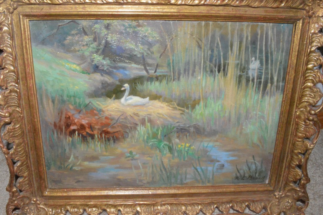 K.L. Beard Oil Painting Swan: K.L. Beard Oil Painting, Swan on Pond, signed lower right, 18" X 14" framed
