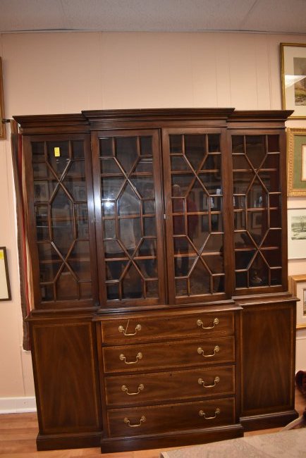 Henkel-Harris Mahogany China Cabinet: Hand made Henkel-Harris Mahogany China Cabinet with Walnut Finish, still has tags, 78" x 14" x 62"