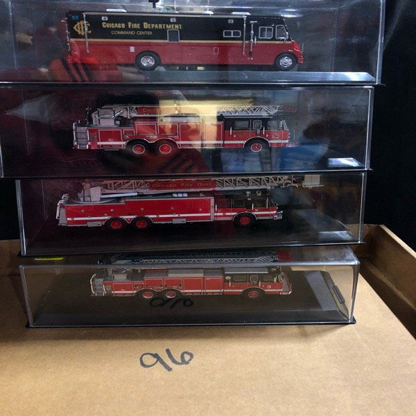 Code 3 Chicago Fire Department 4pc Lot Fire Engines: 2 Ladder trucksE-1 platform ladder truckcommand center truck Come in Acrylic display box!