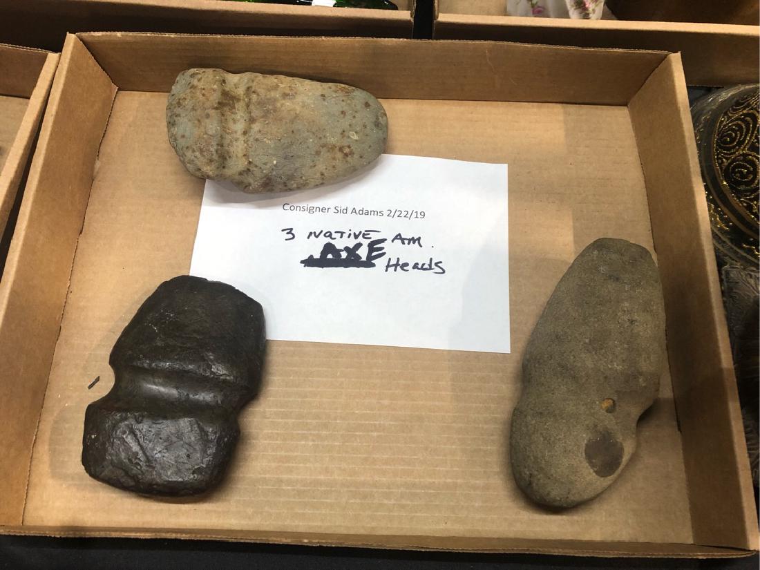3 Antique Indian Native American Axe Head Lot: authentic Indian heads one dark stone and two light stone. Will add more pics soon.